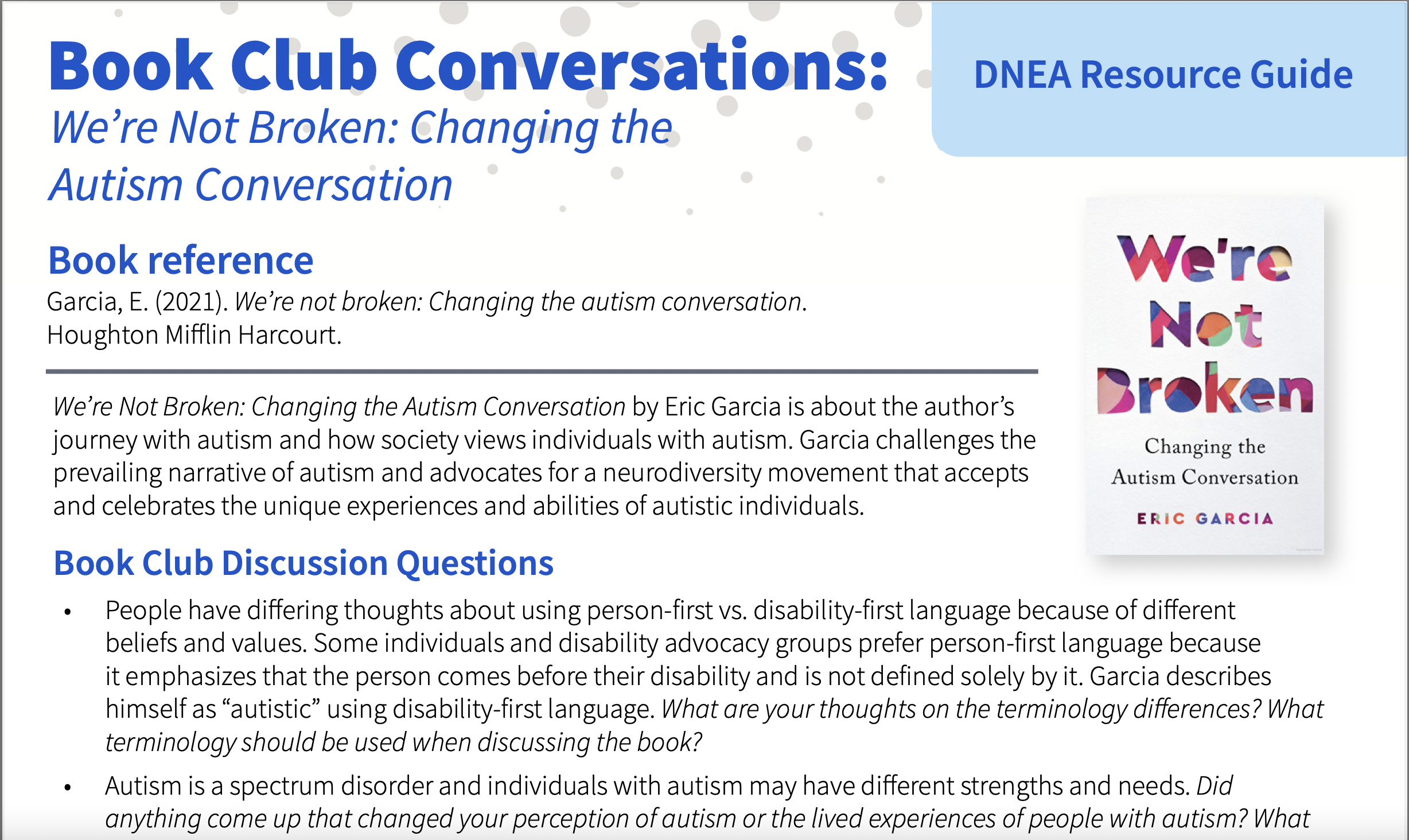 Bookclub- We're Not Broken: Changing the Autism Conversation